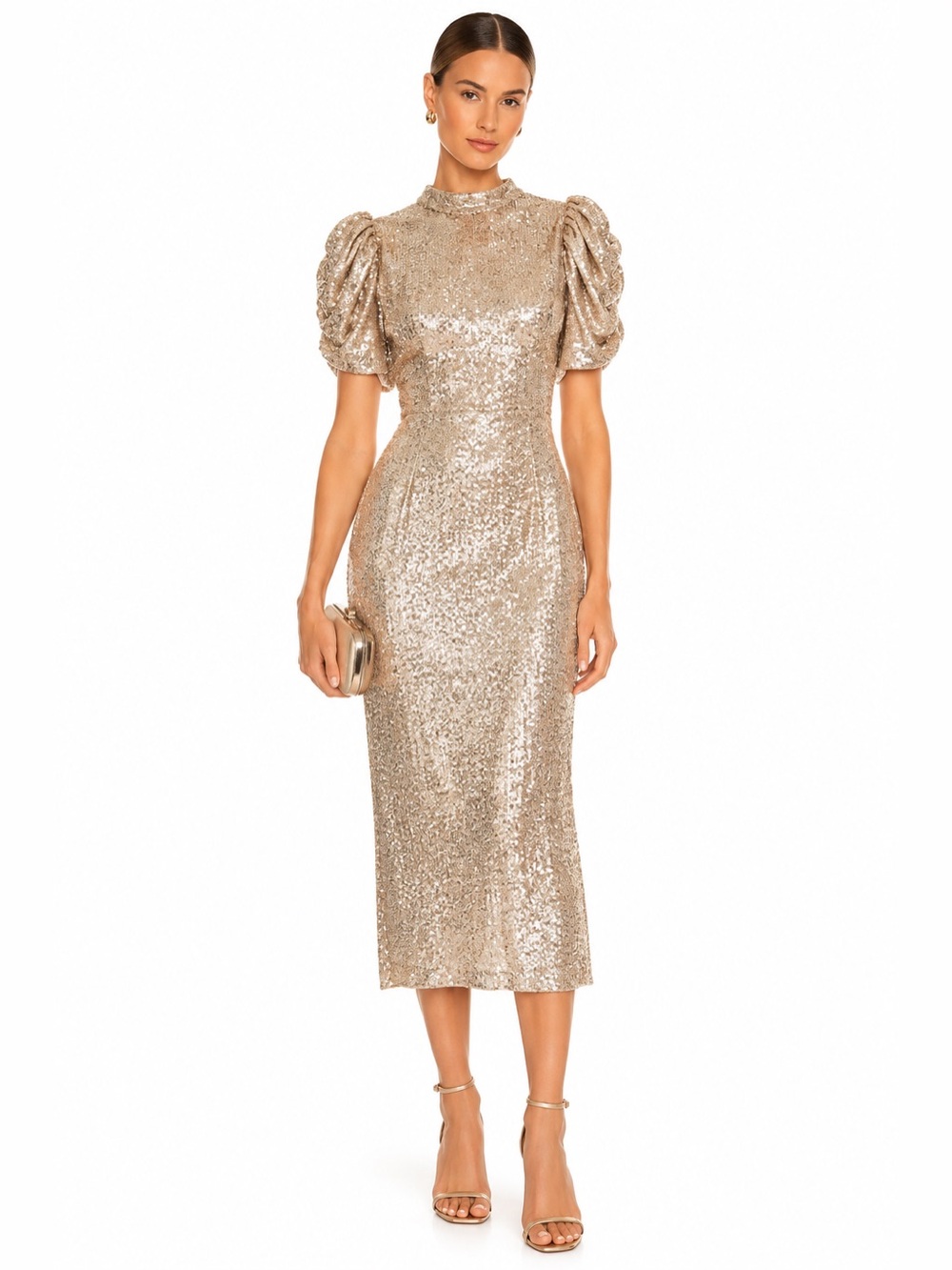 H&M Champagne Gold Sequin Puff Sleeve Midi Dress Size Large Holiday Party
